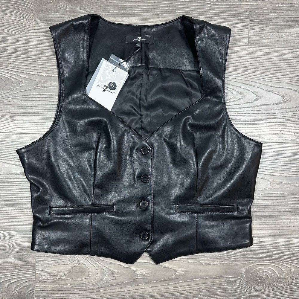 7 For All Mankind Black Faux Leather Vest with Button Front New with Tags